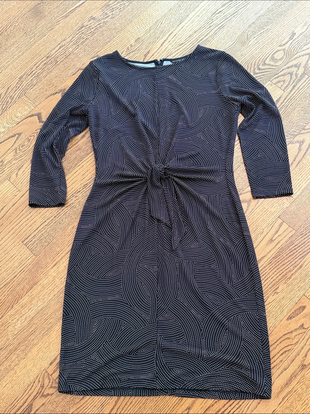 Ann Taylor Black Dot-Print Knot-Front Long Sleeve Dress